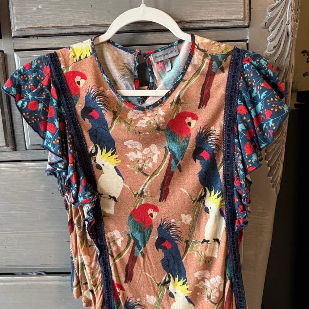 Anthropologie Colorful Parrot Print Ruffle Sleeve Top
